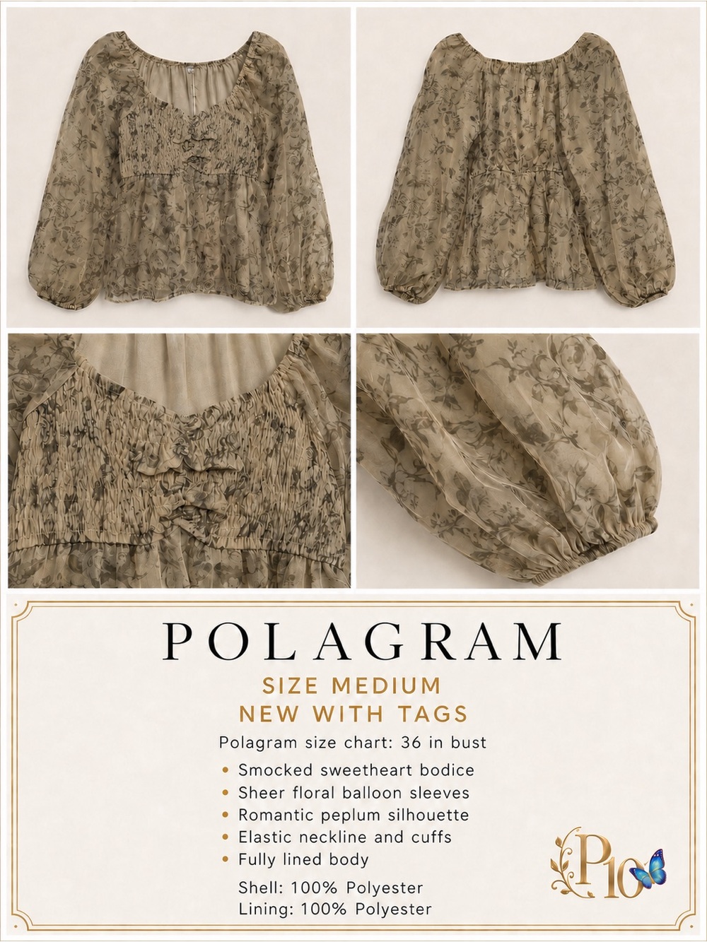 Polagram Cottage-core Boho romantic blouse soft neutral floral print Medium NWT
